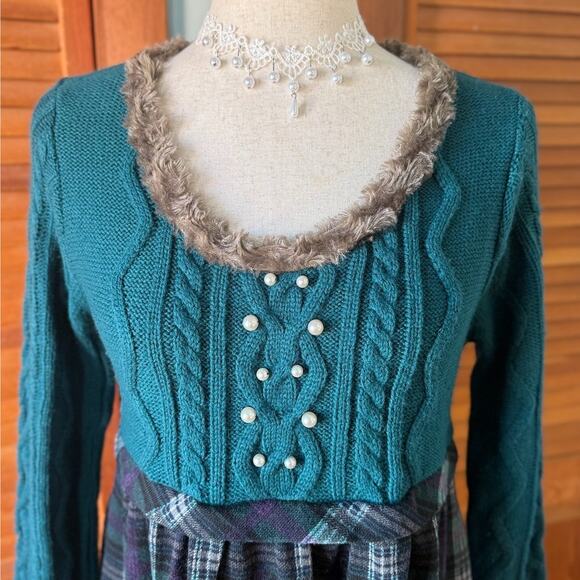 J-fashion Axes Femme Gyaru Kawaii Turquoise Fur Trimmed Sweater Dress M - Picture 3 of 10